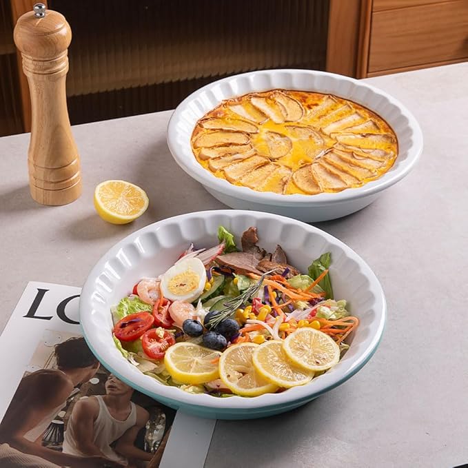 Sweejar Ceramic 10.4 Inches Pie Pan for Baking, Deep and Fluted Porcelain Round Pie Dish, Non-Stick Pie Plate for Pumpkin Pie, Apple Pie, Pie Pots with Morden Farmhouse Design (Blue & Yellow)
