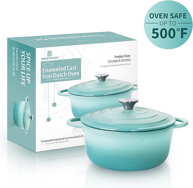 Trustmade 3 QT Cast Iron Dutch Oven, Enamel Coated Cookware Pot with Self Basting Lid for Home Baking, Braiser, Cooking, Aqua