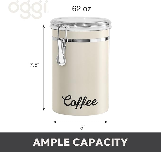 Oggi Stainless Steel Coffee Canister 62 fl oz - Airtight Clamp Lid, Warm Gray, Tinted See-Thru Top - Ideal for Coffee Bean Storage, Ground Coffee Storage, Kitchen Storage, Pantry Storage. 5 x 7.5