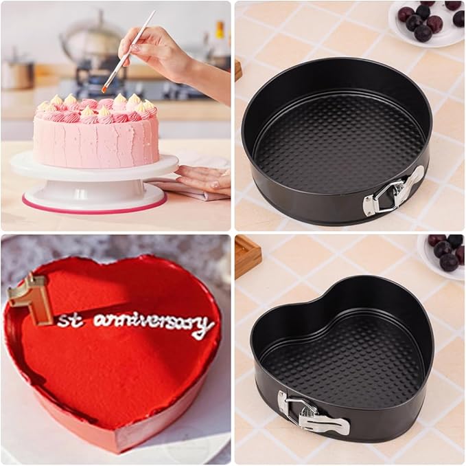 Springform Cake Pan Set of 3 (7, 8, 9 Inch) Heart Round Square Baking Pans Nonstick Cheesecake Pans with Removable Bottom Stainless Steel Bakeware for Cake, Mousse