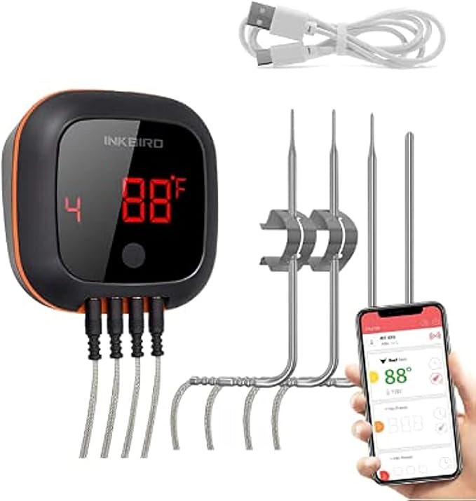 Inkbird Bluetooth Digital Wireless Meat Thermometer with 4 Probes Timer, Alarm,150 ft Barbecue Cooking Kitchen Food Meat Thermometer for Grill BBQ Smoker, Oven, Drum