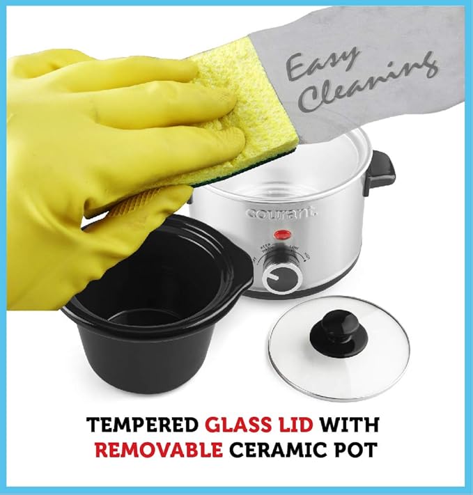 Courant Small Slow Cooker 1.6 QT, 3 Heat Settings, Removable Ceramic Pot" Easy Clean, Dishwasher Safe, Mini Slow Cooker, Stainless Steel