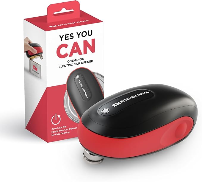 Kitchen Mama One-To-Go Electric Can Opener: One Touch, Auto Stop, Smooth Edge, Lid Lift, Safety, Automatic, Magnetic, Cordless, Battery Operated, Kitchen Appliance for Senior with Arthritis (Red)