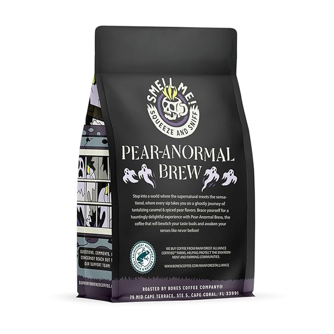 Bones Coffee Company Pear-Anormal, Caramel and Spiced Pear Flavored Coffee, Medium Roast Low Acid Arabica Beans Compatible with Auto drip and French Press Coffee Maker, 12 Oz Ground