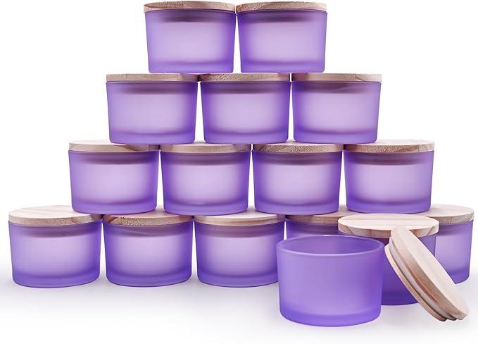 SHOWIN Thick Candle Jars for Making Candles 16 Pcs, 4 OZ Empty Jars with Wood Lids for Candle Making, Sample Container - Dishwasher Safe, Frosted Purple