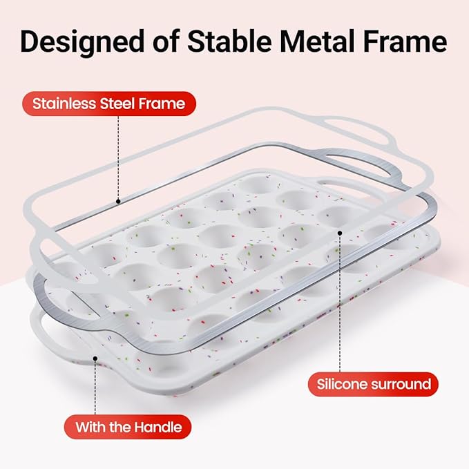 Silicone Mini Muffin Pan, Metal Reinforced Frame 24 Cups Cupcake Pan with Handle Nonstick for Baking Muffins, Cupcakes, Egg Bites