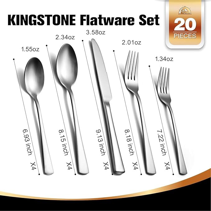 KINGSTONE 18/10 Stainless Steel Flatware, 20-Piece Forged Silverware Set for 4, Mirror Polished Cutlery Set Dishwaher Safe for Home, Restaurant, Wedding, Party