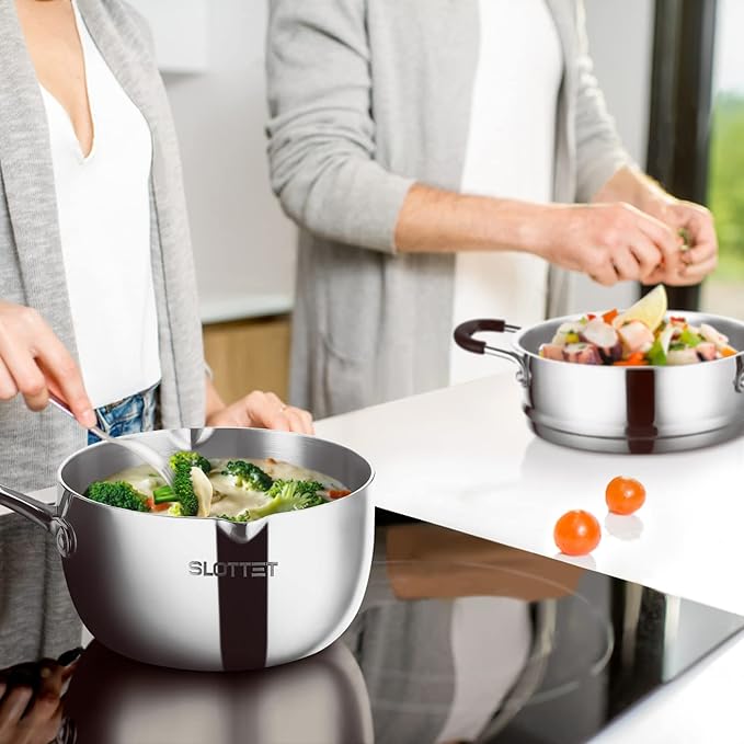 Tri-Ply Whole-Clad Stainless Steel Sauce Pan with Pour Spout,1.5 Quart Small Multipurpose Pasta Pot with Strainer Glass Lid, Saucepan for Cooking with Stay-cool Handle.