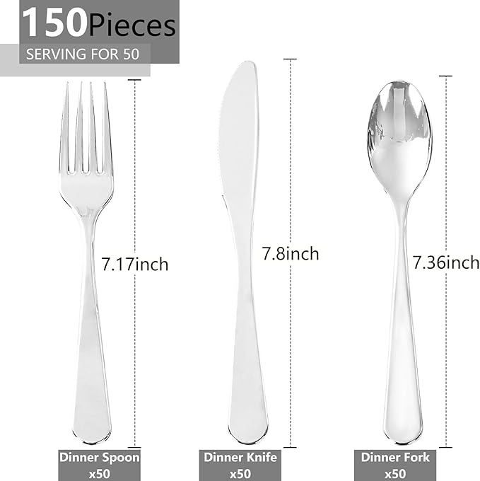 150 PCS Silver Plastic Silverware - Silver Plastic Flatware Disposable - Heavy Duty Disposable Utensils Sets Includes 50 Forks, 50 Spoons, 50 Knives for Party & Wedding