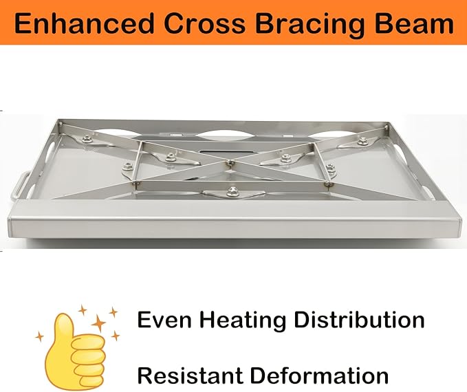 Universal Stainless Steel Griddle Flat Top Plate Grill-Top Griddle Pan with Even Heating Cross Bracing for BBQ Charcoal/Gas Grills, Camping, Tailgating, and Parties (23"*16")
