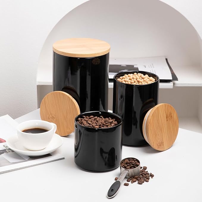 Sweejar Ceramic canisters for kitchen counter,Stackable Food Containers Set with Airtight Seal Bamboo Lid for Serving Ground Coffee, Tea, Spice, Flour and Sugar-Set of 3 (Black)