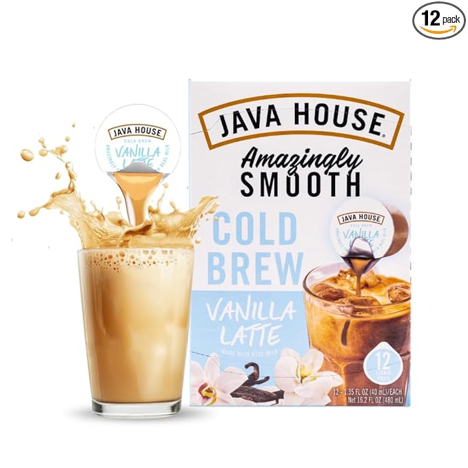 JAVA HOUSE French Vanilla Latte Cold Brew Coffee Pods, (12 Count) Peel and Pour Pods Hot or Iced