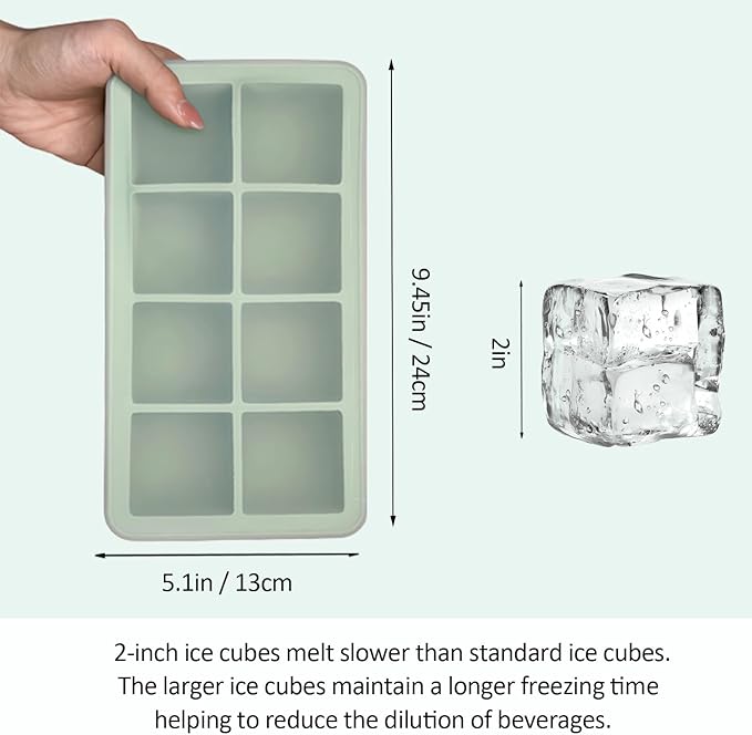 2 Pack Silicone 2 Inch Large Ice Cube Molds for Cocktails Wine Fruit and Bourbon Whiskey Easy Release Ice Cube Tray with Lid Ideal for Cold Drinks and Entertaining Gatherings (Mint Green)