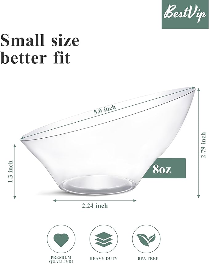 BESTVIP 8oz Clear Plastic Serving Bowls for Party - 12 Pack Angled Disposable Serving Bowls, Party for Chips, Snacks, Fruit, Salad - Bowls for Parties, Daily Use, Catering, Christmas