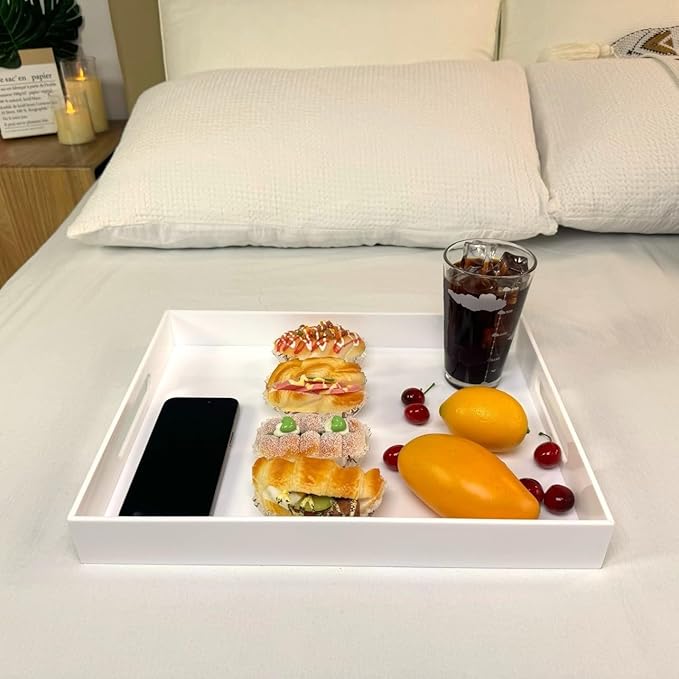 Glossy White Acrylic Serving Tray, 12x16Inch, Sturdy Kitchen Countertop Organizer, Decorative Vanity Table Tray, Ottoman Tray, 3/16 inch Thickness