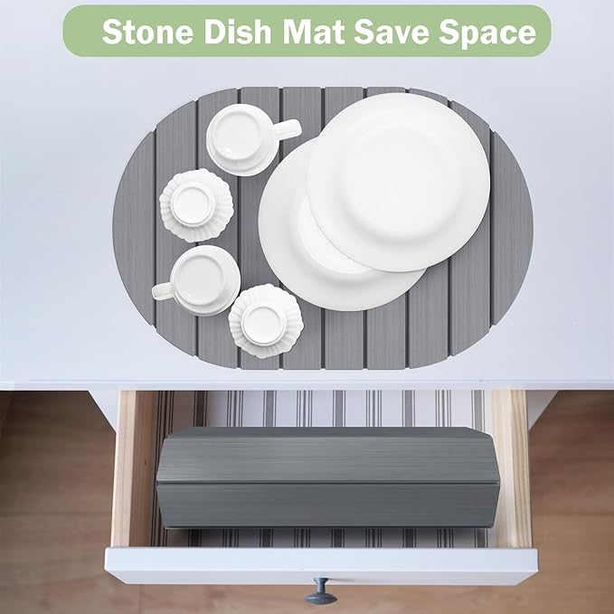 Stone Dish Drying Mat for Kitchen Counter,24"(L)×16"(W) Collapsible Fast-Drying Diatomaceous Earth Mats with Towel Sanding Tool,Versatile Stone Drying Mats for Cups Dishes Bottles