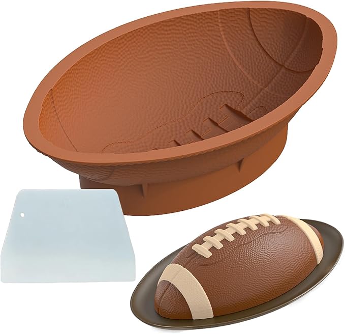 Football Cake Pan with Scraper - 12 Inch Nonstick Football Shaped Silicone Mold for Baking, 3D Breakable Chocolate Mold, Sports-Themed Party