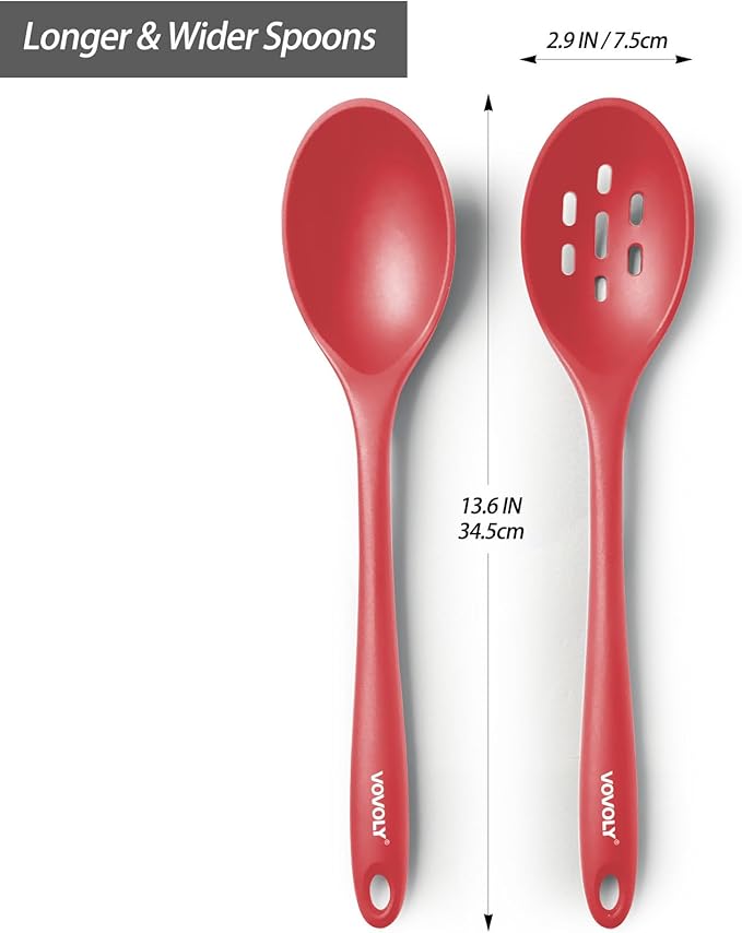 Silicone Spoons for Cooking - Extra Large Kitchen Spoons for Mixing, Serving, & Stirring - 600°F Heat-Resistant Non Stick Utensils Ladle & Skimmer- Dishwasher Safe, Red