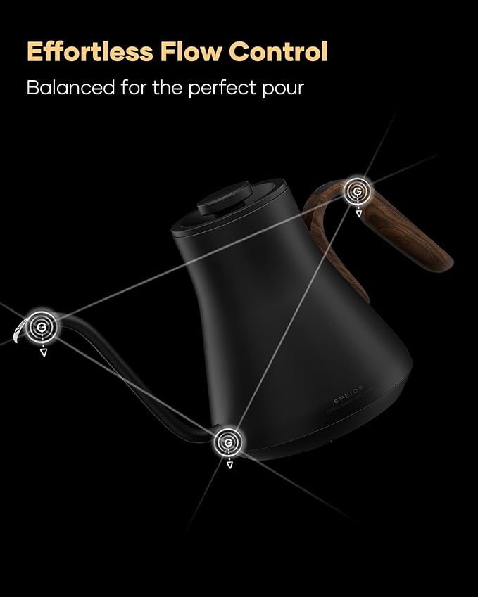 Cocinare FLOW B9 Gooseneck Electric Kettle, Precise Temperature Control for Pour-Over Coffee & Tea Brewing, Stainless Steel Interior, Rapid Heating for Boiling Water 1500W/0.9L (Black Walnut)