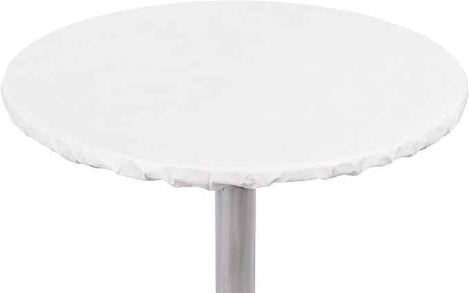 Yourtablecloth Heavy Duty Vinyl Round Fitted Tablecloth (Table Cover) with Flannel Backing Vibrant Colors Elasticized Tablecloth Great for Indoor and Outdoor Dining and Playing Cards 60” White