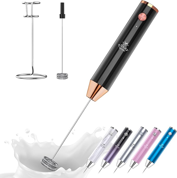 Zulay Kitchen Lux Rechargeable Milk Frother Handheld - Powerful 2-Speed Motor, Fully Waterproof, 2000mAh Battery - Drink Mixer For Latte, Cappuccino, Matcha, Protein Powder - Black Copper