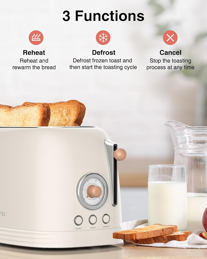 CROWNFUL 2-Slice Toaster, Extra Wide Slots Toaster, Retro Stainless Steel with Bagel, Cancel, Defrost, Reheat Function and 6-Shade Settings, Removal Crumb Tray, Cream