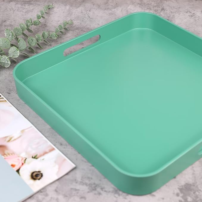 Square Green Decorative Serving Tray with Handles, Versatile Ottoman Tray for Coffee Table, Entertaining, Outdoor Patio, Living Room, 13”*13”*1.6”