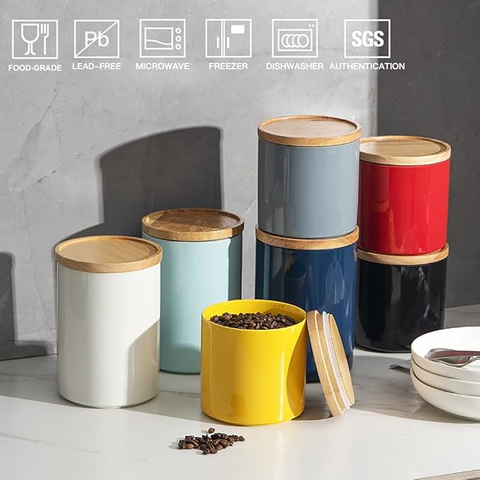 Sweejar Kitchen Canisters Ceramic Food Storage Jar, Stackable Containers with Airtight Seal Wooden Lid for Serving Coffee Bean, Flour, Tea, Spice and More - 39 Fl Oz (Red)