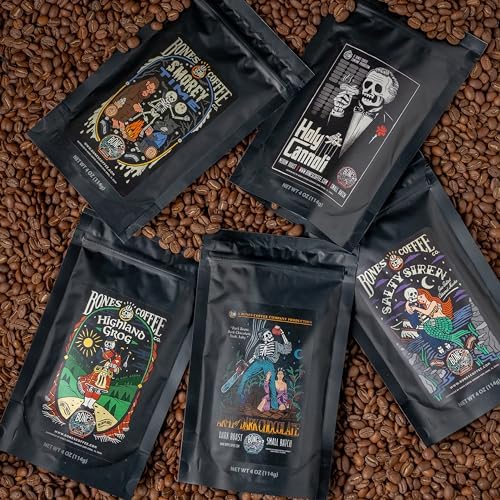 Bones Coffee Company Favorite Flavors Sample Pack Box Set with Specialty Coffee Mug, 5 Assorted Single-Origin Low Acid Medium Roast Arabica Beans Flavored Coffee Gifts, 4 oz Pack of 5 Whole Bean