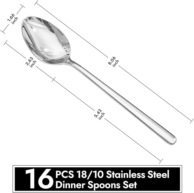 KINGSTONE Dinner Spoons Set of 16, 8 Inch 18/10 Stainless Steel Spoon Cutlery Table Spoon for Home, Kitchen & Restaurant, Dishwasher Safe