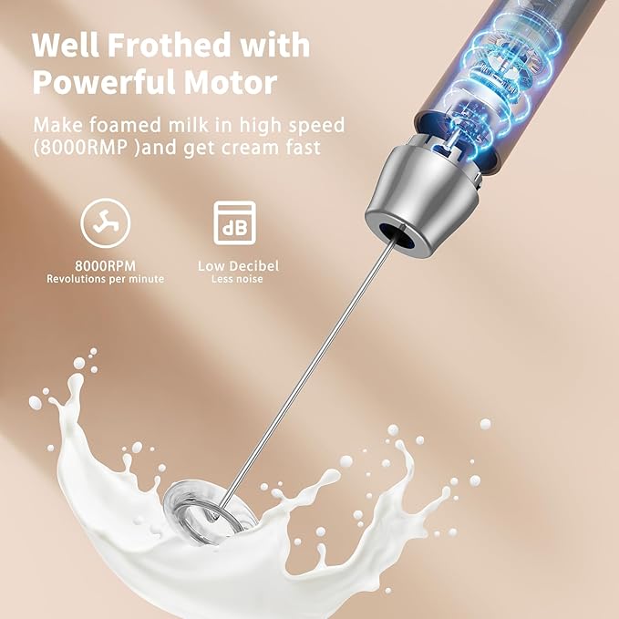 Maestri House Rechargeable Milk Frother with Stand, LunaFro Handheld Electric Foam Maker Waterproof Detachable Stainless Steel Whisk Drink Mixer Foamer for Lattes, Cappuccino