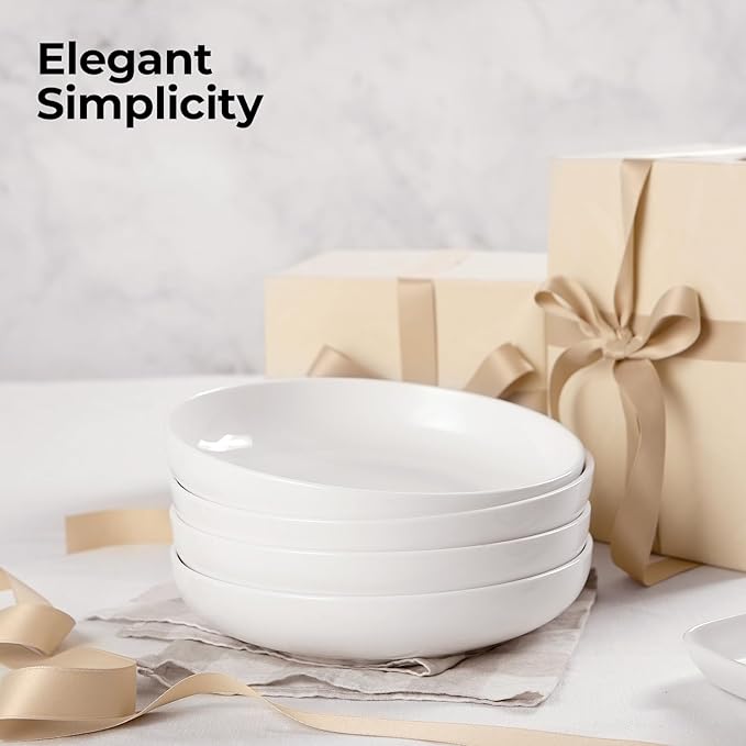 DOWAN 9.75" Pasta Bowls Set of 4, Large Shallow White Ceramic Salad Bowls, 50oz Wide Dinner Bowls for Pasta, Soup, Salad & Stew, Microwave & Dishwasher Safe, Housewarming Gift(Soft White)