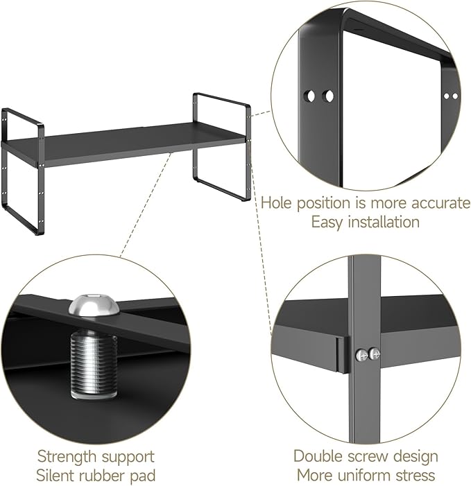 16.5~27.1" Expandable Shelf Organizer, 1Pack 8.1" Wide Stackable Cabinet Shelf Organizers, Black Metal Sturdy Kitchen Counter Storage for Countertop, Adjustable Height Spice Rack