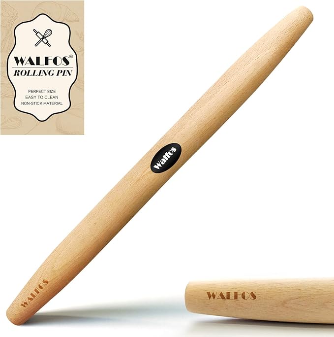 WALFOS French Rolling Pin for Baking, 17 Inch Natural Beech Wood Rolling Pins, Kitchen Dough Roller for Fondant, Pizza, Pie, Cookie and Pastry