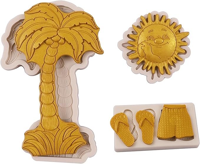 3 Pcs Hawaiian Coconut Tree Fondant Molds, Seaside Beach Sun Silicone Molds, Slipper Surf Shorts Clay Mold for Cake Decorating, Candy Chocolate Marzipan Resin Crafts, Summer Party, Halloween