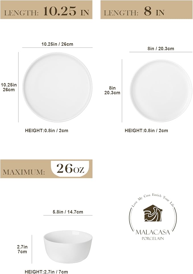 MALACASA 18 Pieces Gourmet Porcelain Dinnerware Sets, Premium Plates and Bowls Set, High-Fired Ceramic Dishes Set for 6, Chip & Scratch Resistant, Microwave Dishwasher Safe, White, Series LEXI