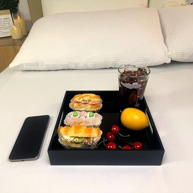 Glossy Black Sturdy Acrylic Serving Tray with Handles-10x10Inch-Serving Coffee,Food,Breakfast,Butler-Kitchen Countertop Tray-Makeup Drawer Organizer-Vanity Table,Ottoman Tray-Decorative Tray