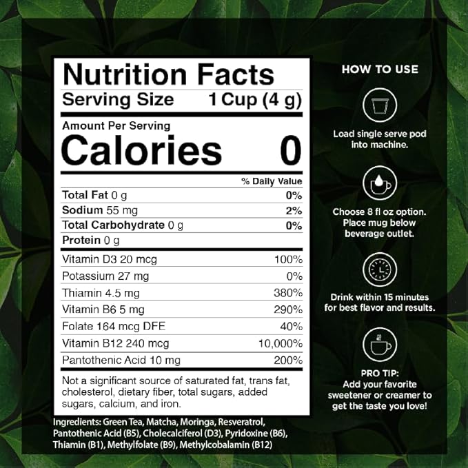 VitaCup Green Tea Pods, Enhance Energy & Detox with Matcha, Moringa, B Vitamins, D3, Keto, Paleo, Vegan, Recyclable Single Serve Pod, Compatible with Keurig K-Cup Brewers,64 Ct