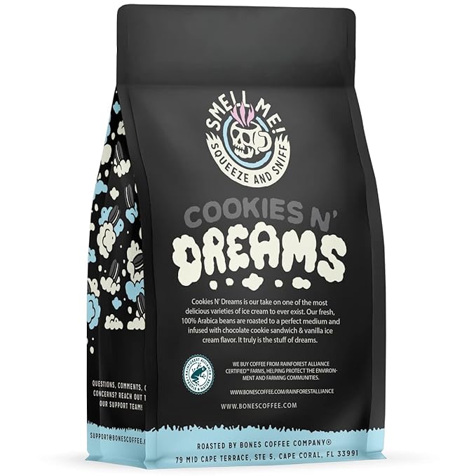 Bones Coffee Company Cookies 'N Dreams Cookies and Cream Flavored Coffee, Medium Roast Low Acid Arabica Beans Compatible with Auto drip and French Press Coffee Maker, 12 Oz Whole Bean