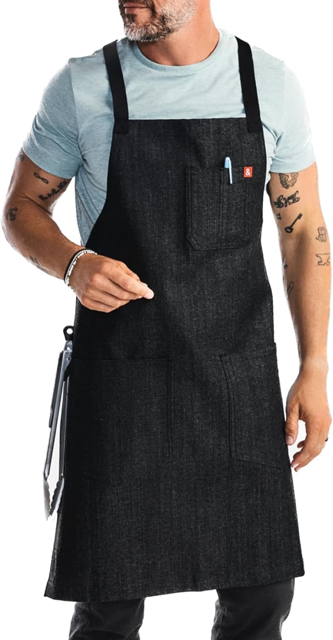 hedley & bennett Crossback Apron - Crossback Chef Apron with Pockets - 100% Cotton Denim, 8oz - Abalone Black