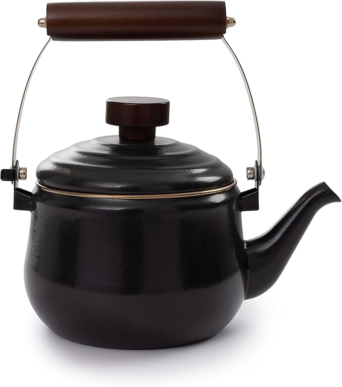 Barebones Enamel Teapot - Vintage Inspired Design - Baked Stainless Steel Rim - FSC Certified Natural Walnut Tea Kettle - 1.5 Liters, 6 Cups (Charcoal)
