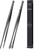 2 Pcs 12-inch Cooking Tweezers Tongs Precision Serrated Tips, Stainless Steel Professional Chef Tweezer Kitchen Tools for BBQ, Plating and Serving (Black)