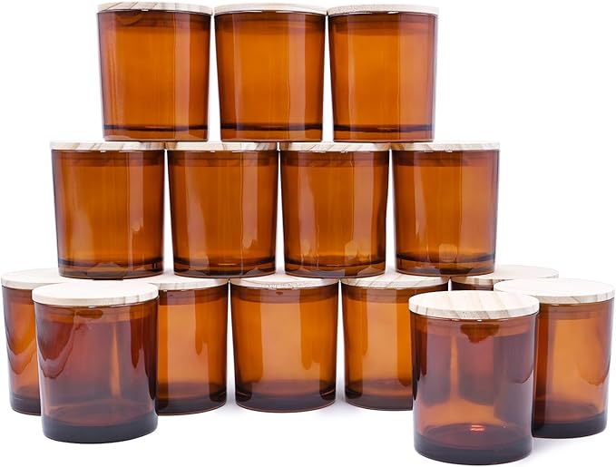 10 OZ Thick Candle Jars for Making Candles 15 Pcs, Empty Jars with Wood Lids for Candle Making, Sample Container, Clear Brown