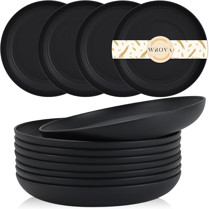 Wrova Wheat Straw Plates - 9 Inch Unbreakable Dinner Plates Set of 8 - Dishwasher & Microwave Safe Plastic Plates Reusable - Lightweight Plate for kitchen,camping (pure black)