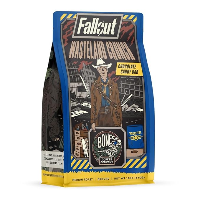Bones Coffee Company Fallout Wasteland Crunch, Chocolate Candy Bar Flavored Coffee, Medium Roast Low Acid Arabica Beans Compatible with Auto drip and French Press Coffee Maker, 12 Oz Ground
