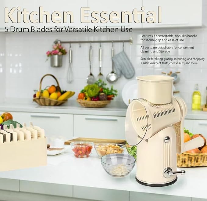 Chef Power Premium Quality Rotary Cheese Grater with Handle - Kitchen Accessories Cucumber Slicer Vegetable Salad Grater, Vegetable Grater - Cheese Grater (Beige)