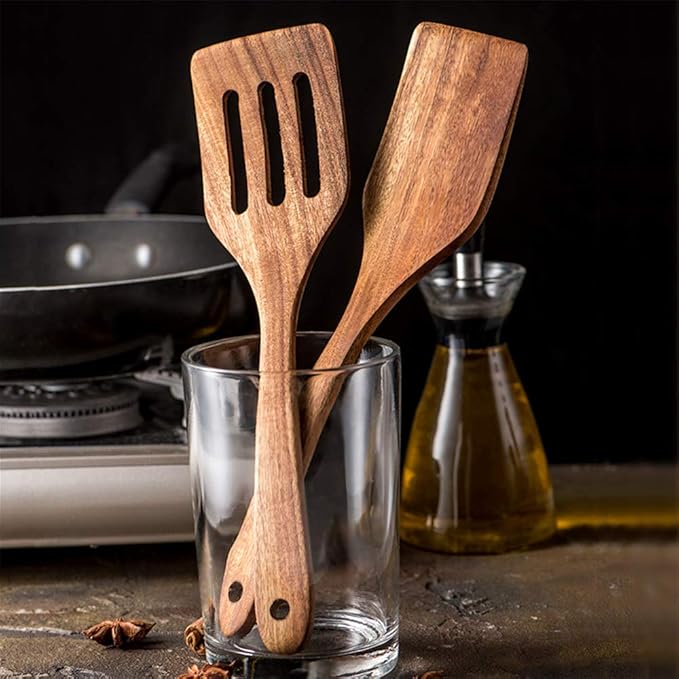 7 Pcs Acacia Wood Cooking Utensils Set Large Wooden Spoons for Cooking Spatula Salad Mixing Spoon Non Toxic Utensil for Kitchen Use Spatulas Non Stick Turner Slotted Serving Spoon Kitchen Utensils