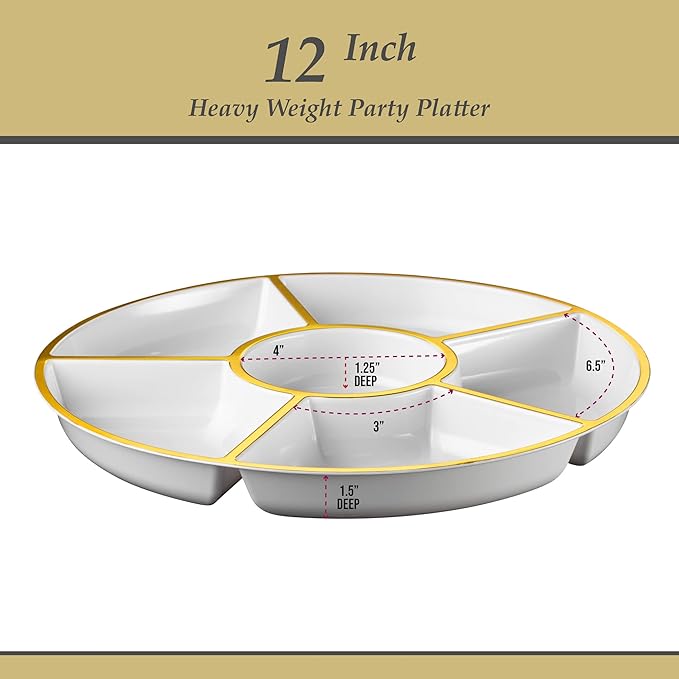 Plasticpro 6 Sectional Round Plastic Serving Tray/Platter (8, White & Gold)