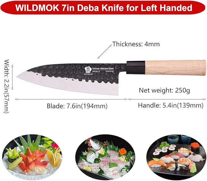 WILDMOK Left Handed 7 Inch Deba Knife German Stainless Steel Sashimi Knife Asian Usuba Salmon Knife for Left Handed