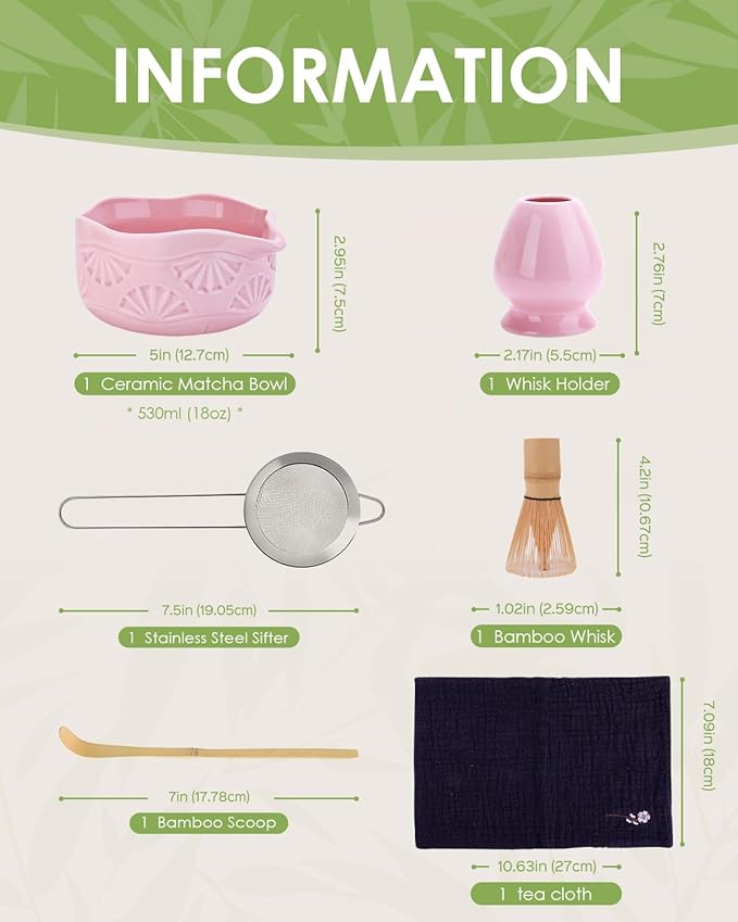 Matcha Whisk Set, Ceramic Matcha Set Includes Matcha Bowl with Spout, Matcha Whisk and Holder, Bamboo Scoop, Sifter and Tea Towel - 6 Pcs Matcha Kit Gift for Matcha Lovers (Pink)